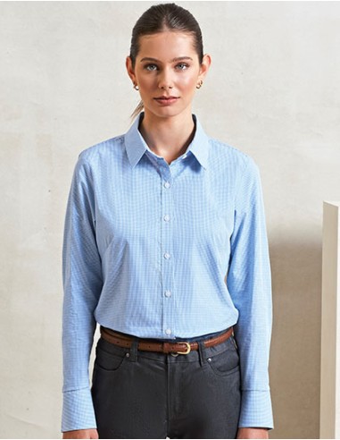 P-PR320-Womens Microcheck (Gingham) Long Sleeve Cotton Shirt